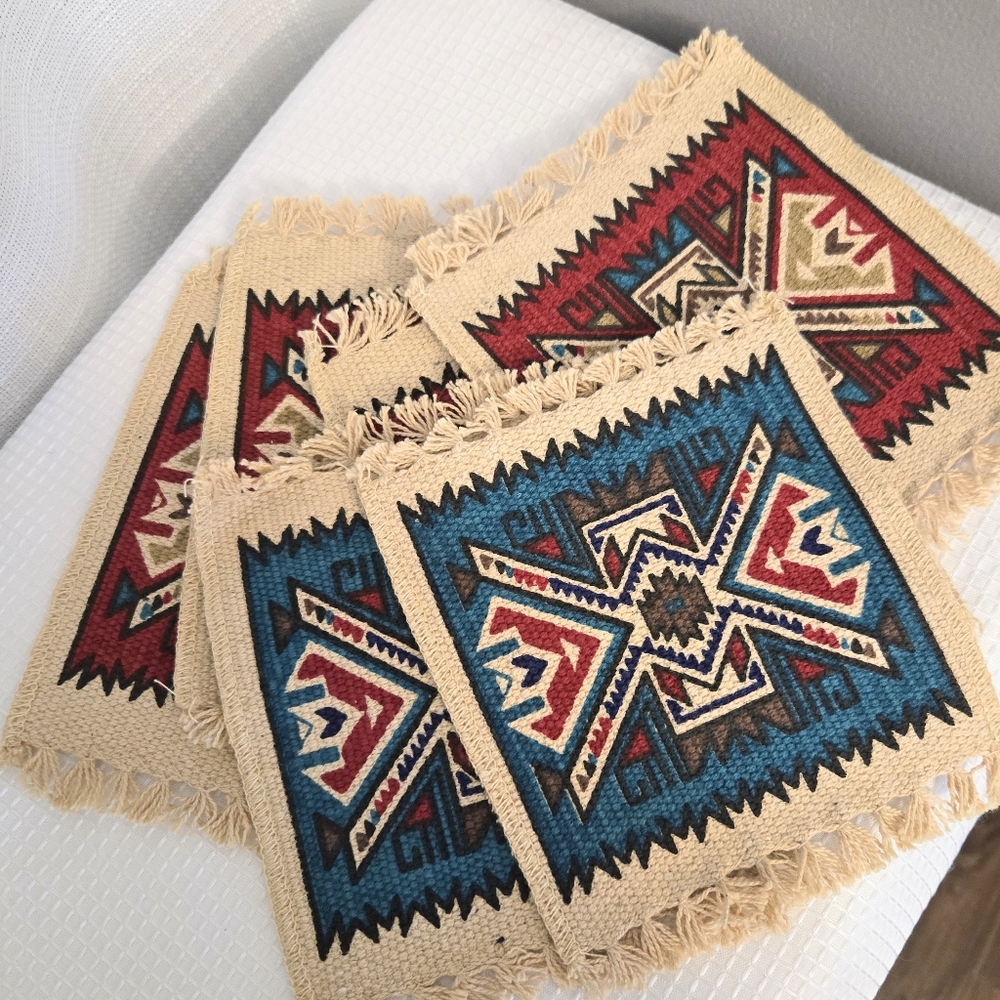 Vtg Southwestern Woven Coasters Fabric Fringe Set of 6 El Paso Saddle Blanket Co
